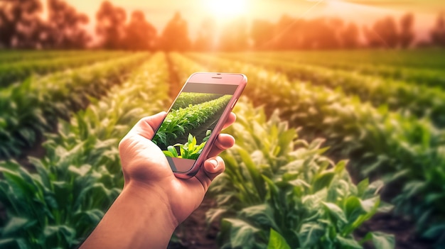 Mobile phone holding farm management software on farming