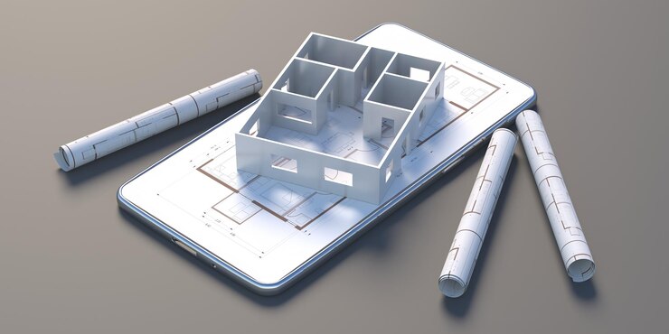 Photo mobile phone house model and blueprint plans on black color background 3d illustration
