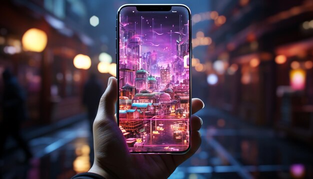 Mobile phone illuminates cityscape connecting people in futuristic communication generated by artificial intelligence