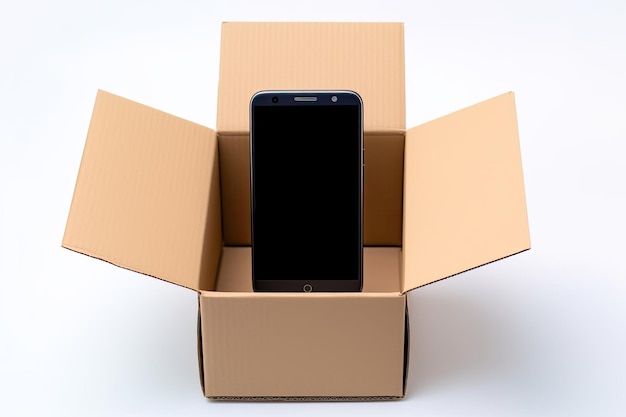 Mobile phone inside cardboard box on white background shopping and technology concept Generative AI