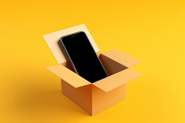 Photo mobile phone inside a cardboard box yellow background delivery and technology concept ai