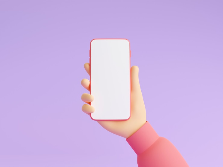 Photo mobile phone mockup in human hand 3d render illustration. hand in pink clothes holding smartphone with empty white touch screen. smart digital gadget in arm on purple background.