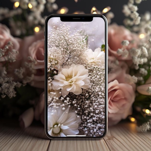 a mobile phone mockup laying on a bed of wisterias