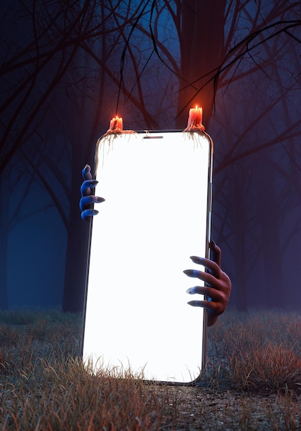 mobile phone mockup in an ominous forest