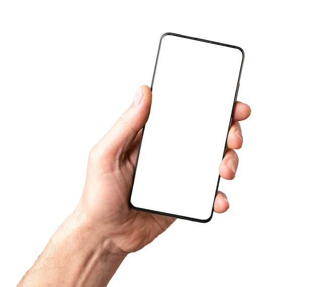 Mobile phone mockup smartphone screen mockup frame in male hand isolated on white background