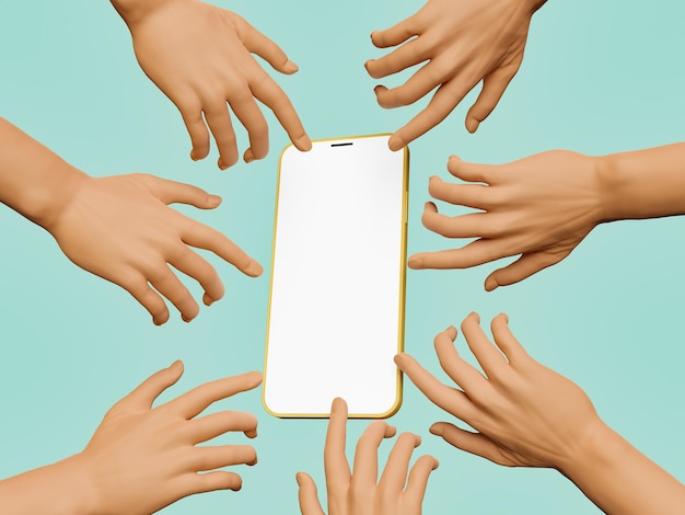 Photo mobile phone mockup with many hands pointing