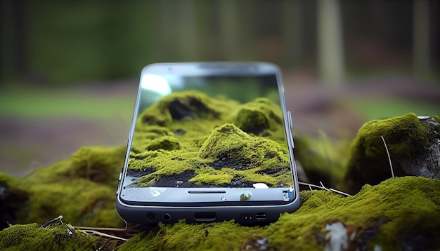 Mobile phone on moss Generative AI