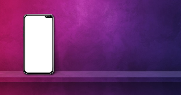 Mobile phone on purple wall shelf. Horizontal background banner. 3D Illustration