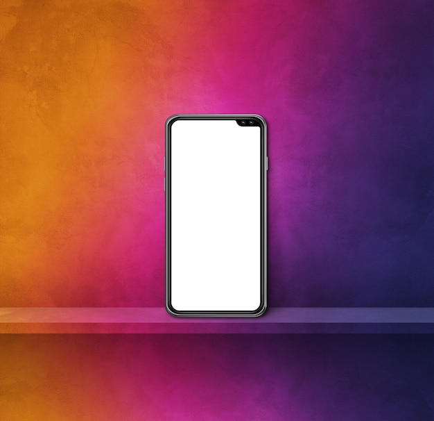 Photo mobile phone on rainbow wall shelf square background