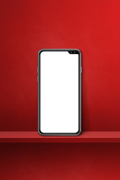 Mobile phone on red wall shelf. Vertical background. 3D Illustration