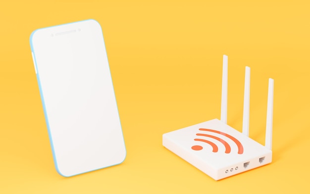 Wi-Fi 아이콘이 있는 휴대전화 및 라우터 3d 렌더링