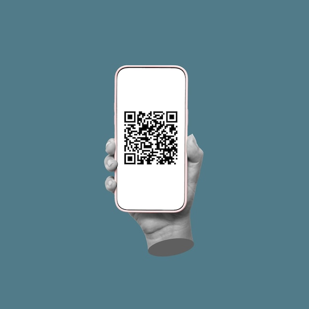 Photo mobile phone scanning qr code in female hand on blue color background trendy creative collage