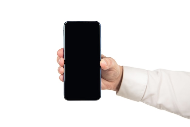 Mobile phone screen copy space in male hand isolated on white, advertising.