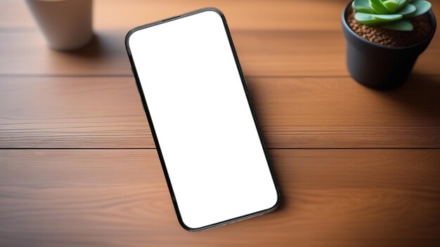 Mobile phone screen mockup on wood desk