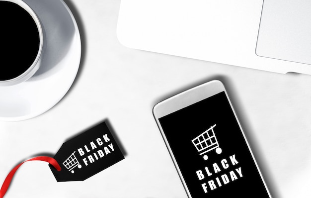 Photo mobile phone screen with black friday advert and label