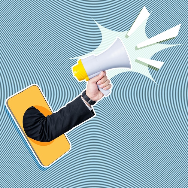 a mobile phone showing a business hand holding a megaphone