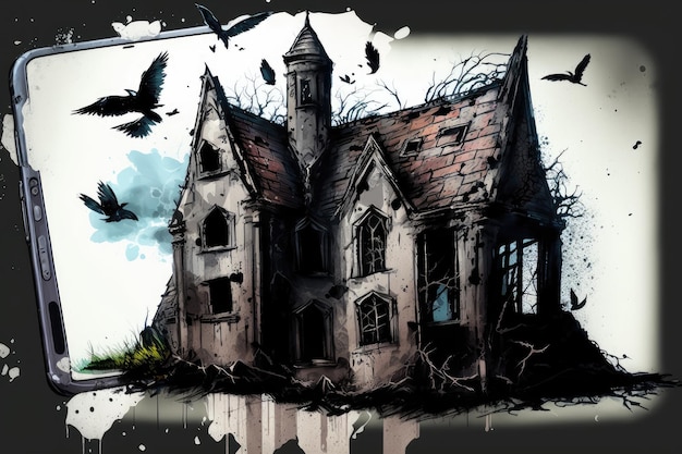 Schizzo del telefono cellulare di una casa gotica con finestre rotte e uccelli in volo sullo sfondo