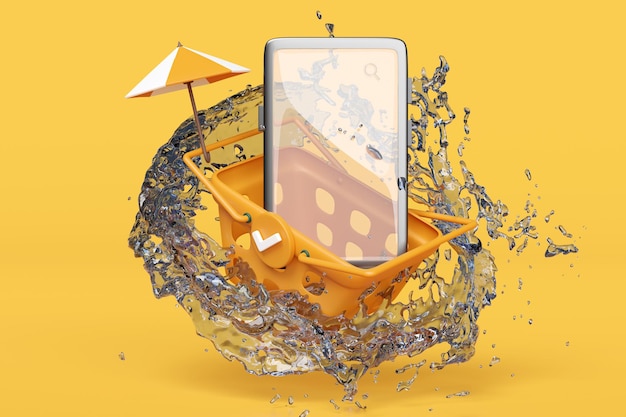 mobile phone or smartphone with shopping carts orange basket water splash umbrella isolated on yellow background online shopping summer travel vacation concept 3d illustration or 3d render
