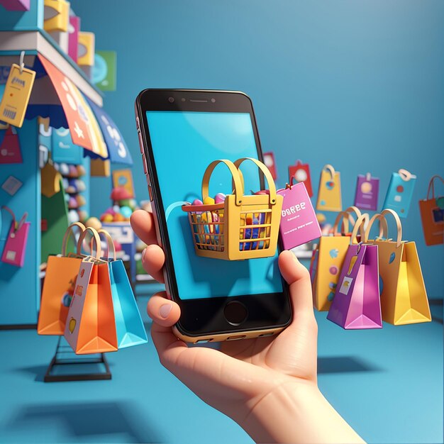 Mobile phone or smartphone with store fronthand holding colorful shopping paper bagsshopping basket credit card on bluefranchise business or online shopping concept3d illustration or 3d render