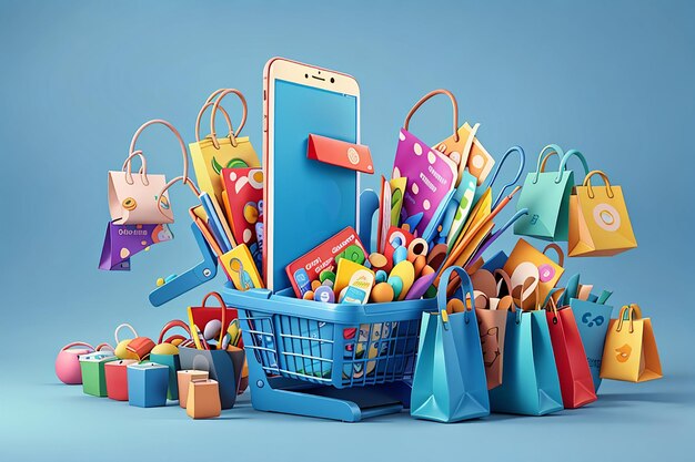 Mobile phone or smartphone with store fronthand holding colorful shopping paper bagsshopping basket credit card on bluefranchise business or online shopping concept3d illustration or