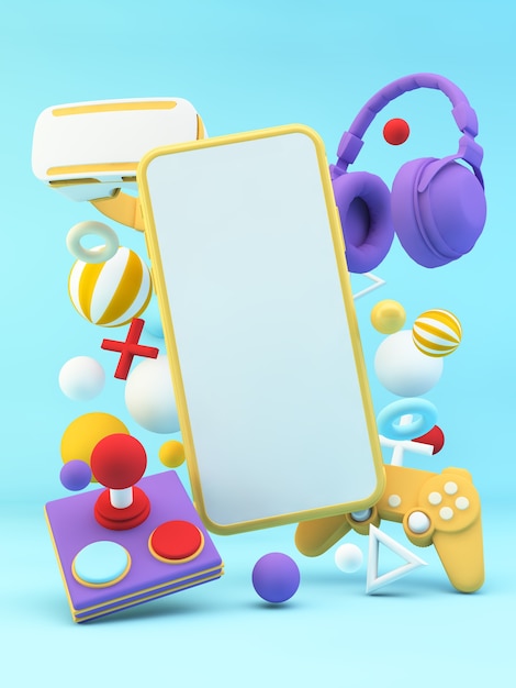 Mobile phone surrounded by gaming equipment in 3d rendering