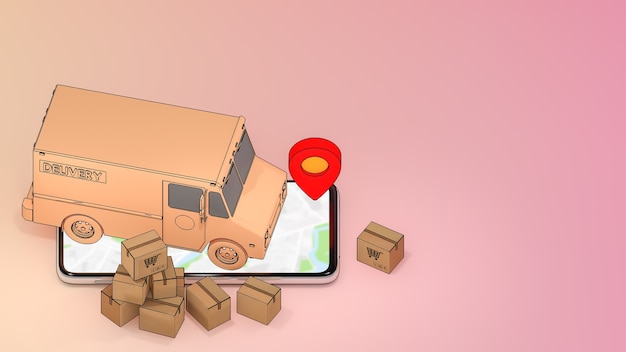 Mobile phone and truck van with many paper box and red pin
pointers.,online mobile application order transportation service
and shopping online and delivery concept.,3d rendering.