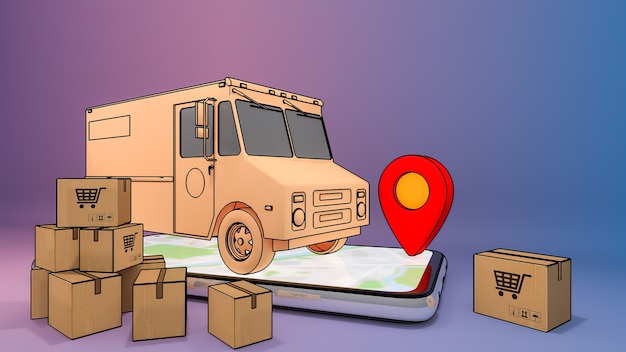 Mobile phone and truck van with many paper box and red pin pointers