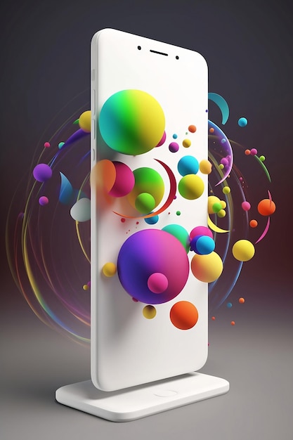 色の背景のソーシャル メディア マーケティングの概念に抽象的な dobjects を持つ携帯電話