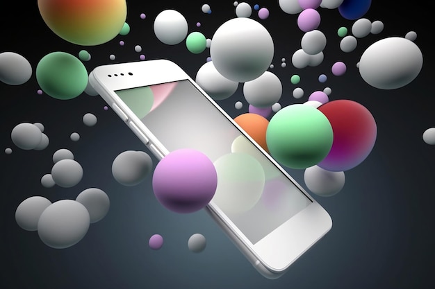 Mobile phone with abstract dobjects on gray background social media marketing concept