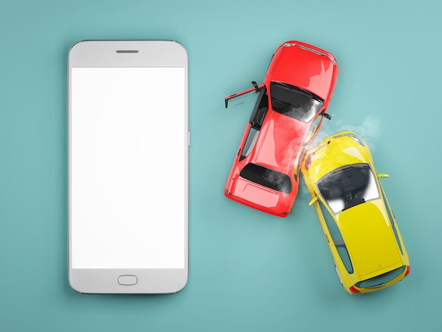 Mobile phone with blank display Two cars crash in accident Top view Concept for insurance
