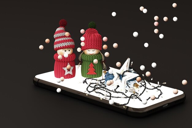 Photo mobile phone with christmas decorations christmas tree and gifts beside on black background 3d rendering