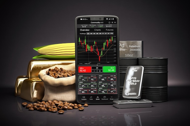 Photo mobile phone with commodities stock exchange market trading platform on the screen of smartphone