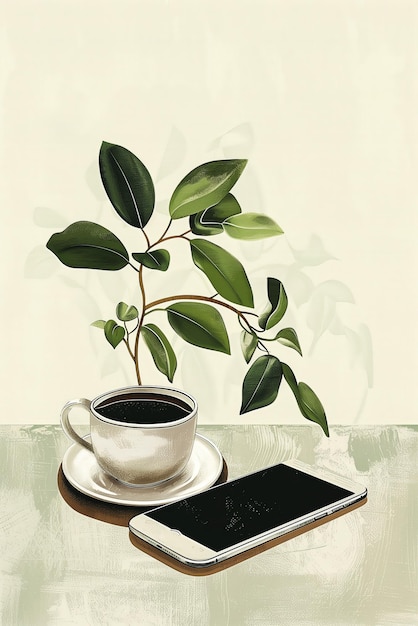 Mobile phone with cup of coffee