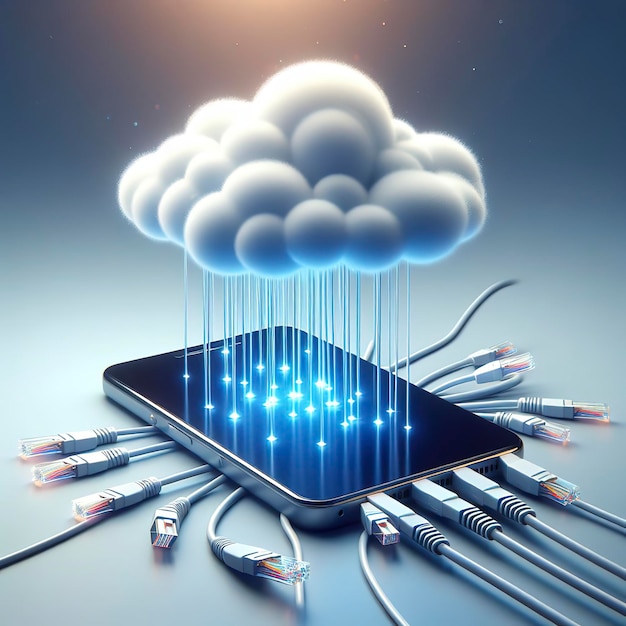 mobile phone with ethernet cables falling from flat clouds cloud storage concept technology