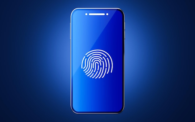 Mobile phone with fingerprint on the blue background 3d rendering