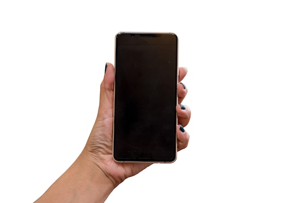 Mobile phone with hands on a white background.
