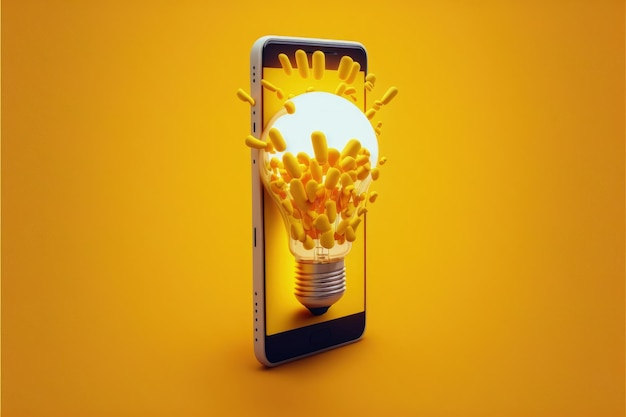 화면에 전구가 있는 휴대전화 아이디어와 창의성의 개념 노란색 배경 AI