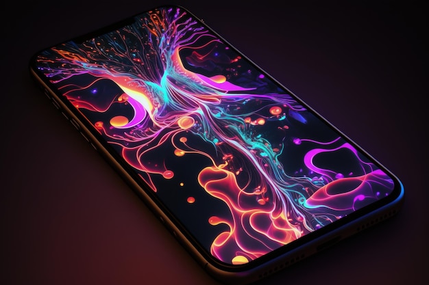 Mobile phone with neon light on screen abstract glowing background AI