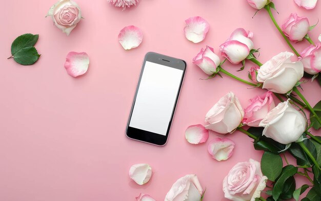 Mobile phone with pink and white roses flowers on pastel background