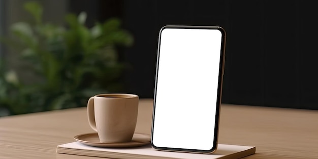 Mobile phone with a plain white screen for mockup The mobile phone stands beside a cup in a morning