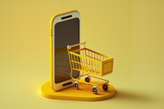 Mobile phone with shopping cart on yellow background digital illustration AI