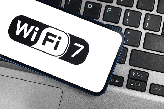 写真 新しいwi-fi7最新テクノロジーをサポートする携帯電話。コミュニケーション、インターネット接続の概念の背景写真