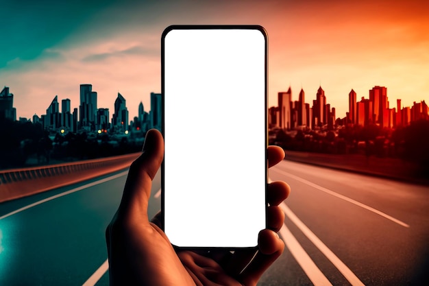 Мобильный телефон с белым экраном в руках на фоне города Генеративный ИИ