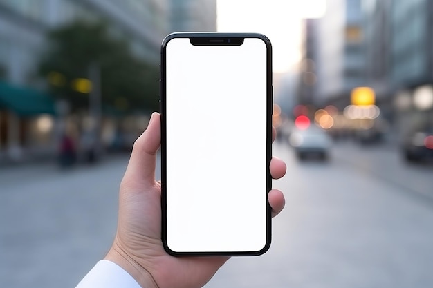 Mobile phone with a white screen in hands on a city background