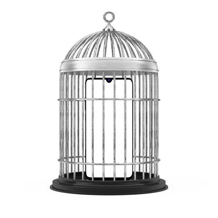 Photo mobile phone with white screen in metal cage on a white background. 3d rendering