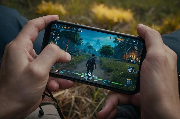 A mobile pro gamer playing battle royale war game on his mobile and using best quality headphone