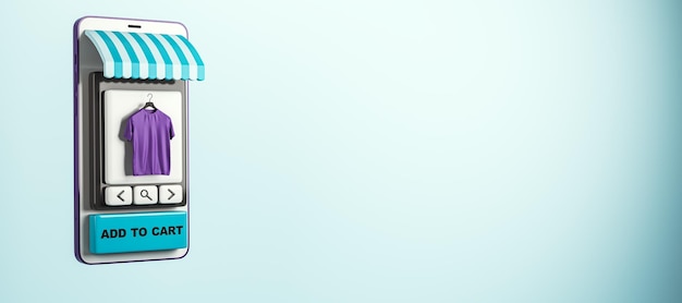 모바일 쇼핑 인터페이스에서 카트 추가 버튼과 보라색 셔츠를 표시 3D 렌더링