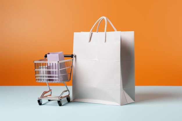 Mobile shopping pushcart and white paper bag ready for groceries