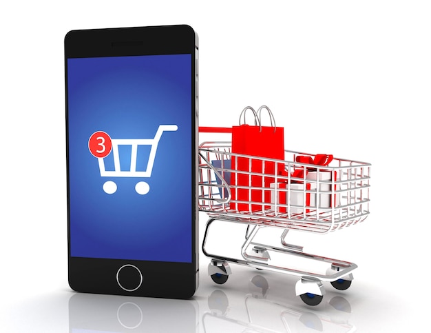 Mobile Shopping . smartphone with cart . 3d rendered illustration