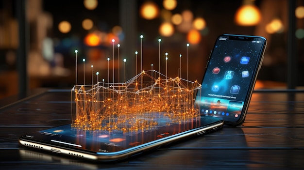 モバイルスマートフォンとアイコンのネットワーク接続データ Generative Ai